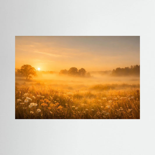 Querformat-Wandbild mit Blumenwiese, Nebel und goldenem Sonnenaufgang