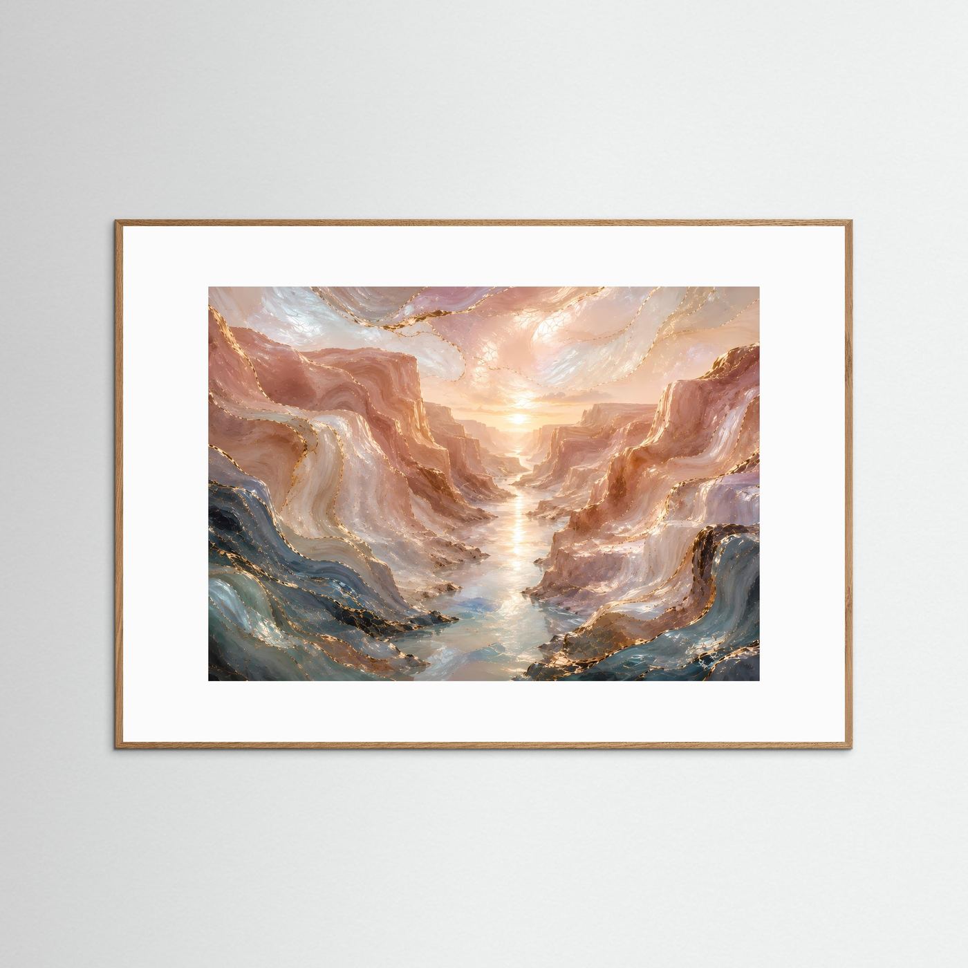 Querformat-Poster: abstrakte Canyonlandschaft mit Fluss in Roségold, heller Holzrahmen