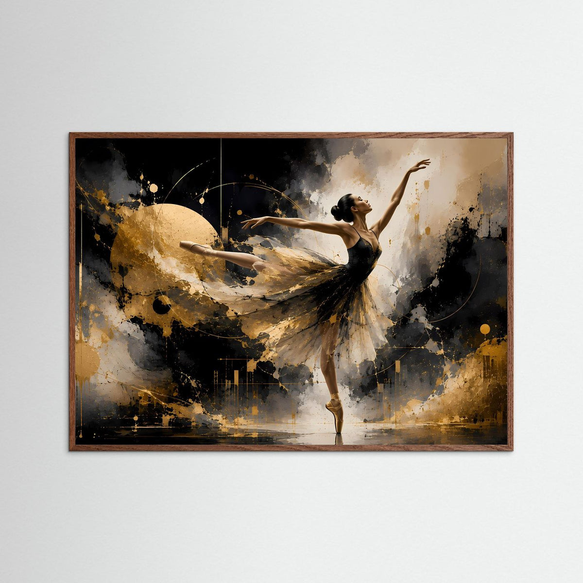 Abstraktes Wandbild: schwarz gekleidete Ballerina mit goldenem Schleier, dynamische Farbwirbel, Querformat