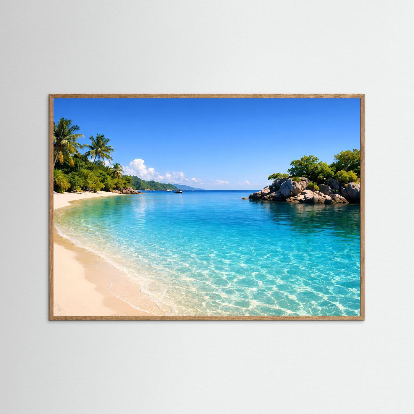 Querformat Poster im hellbraunen Holzrahmen: Strand, Palmen und türkisblaues Meer