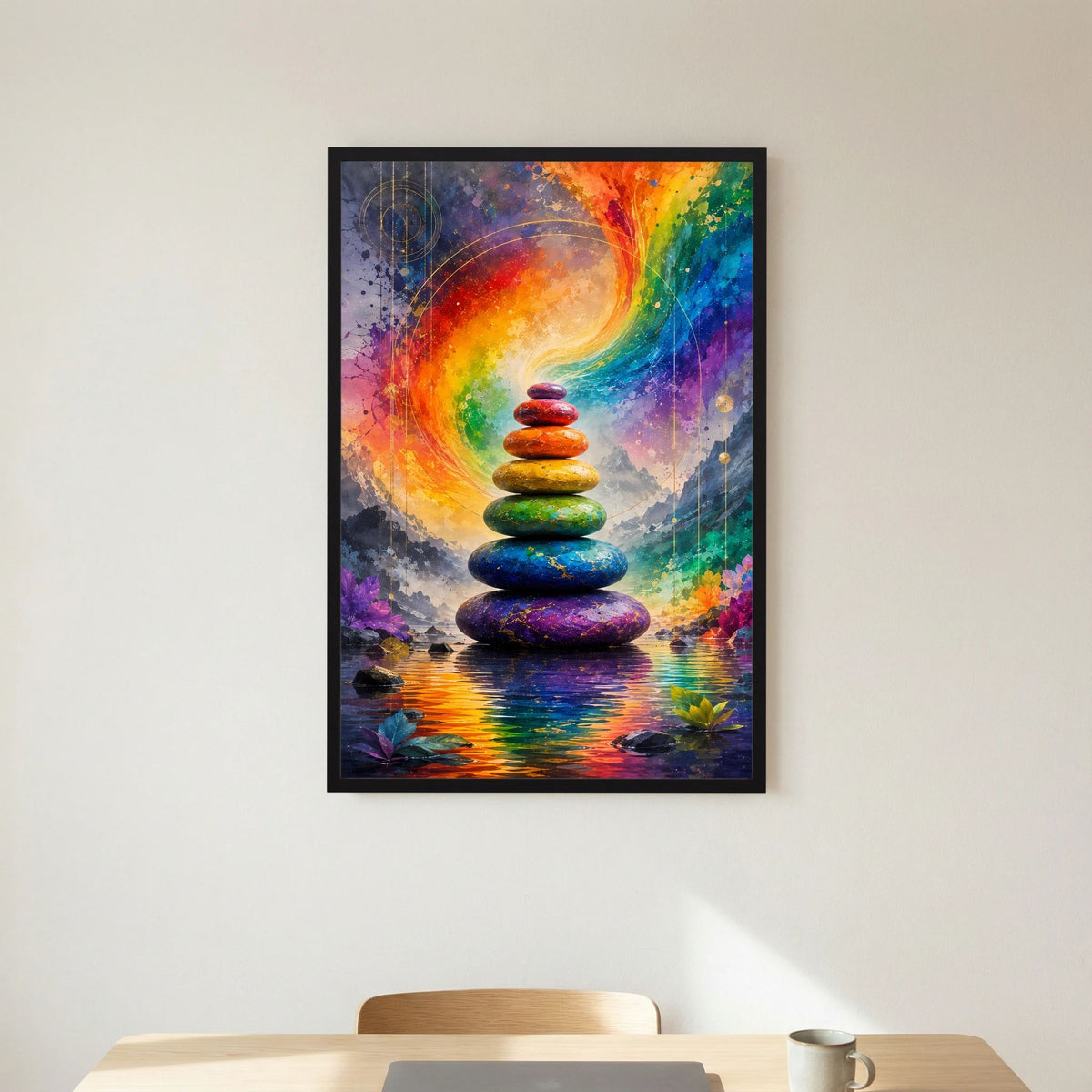 Hochformat-Poster im schwarzen Rahmen, Motiv: Stapel bunter Zen-Steine im Regenbogen
