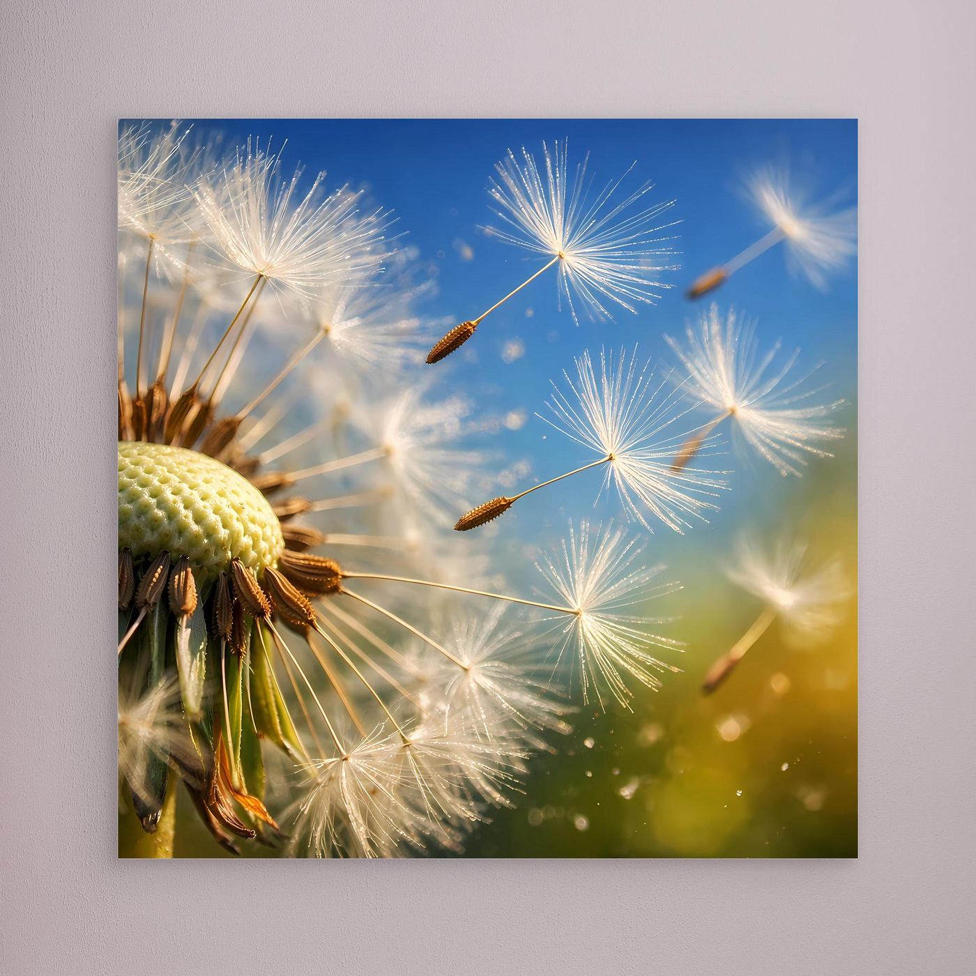 Leinwandbild mit fliegenden Pusteblumen und Löwenzahn, ohne sichtbaren Rahmen