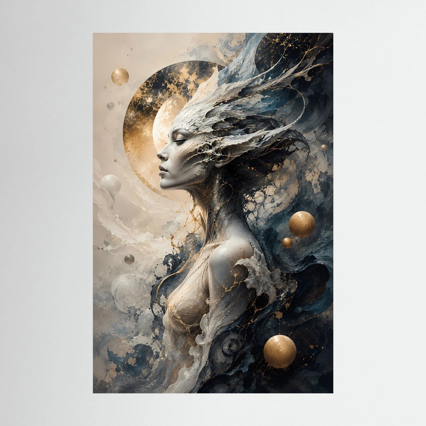 Kosmische Göttin | Mystische Fantasy Frau in Schwarz Gold | Poster Hochformat