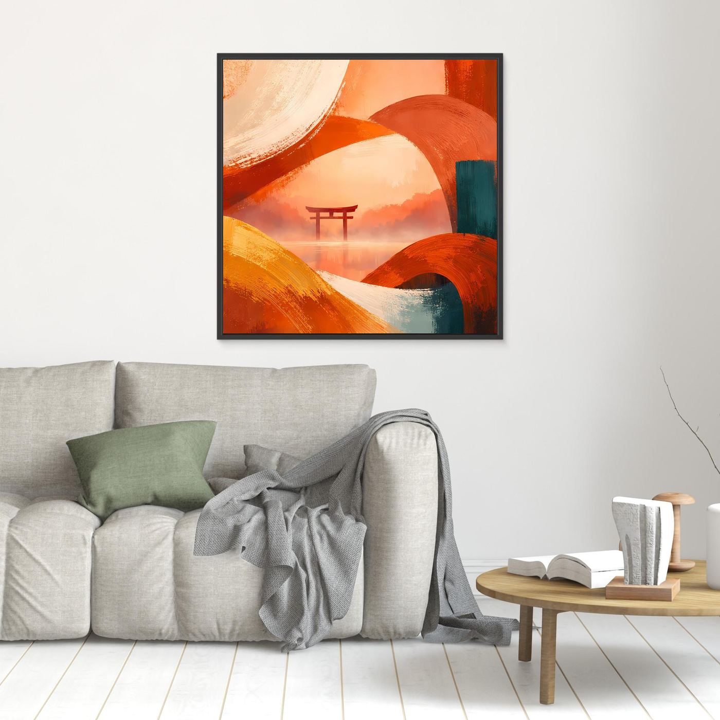 Kleines Leinwandbild mit Torii, warmes abstraktes Orange-Grün, schwarz gerahmt.