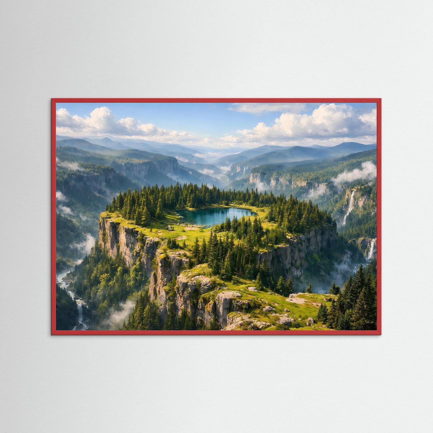 Wandbild-Poster mit Bergsee-Landschaft und rötlich-orangenem Rahmen