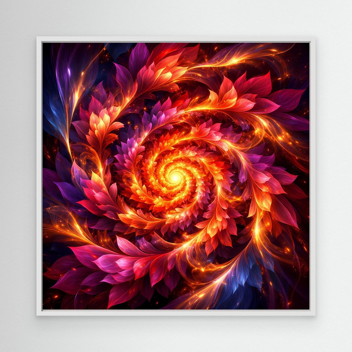 Abstraktes Leinwandbild mit feuriger Spirale und weißem Rahmen, violett-rot-orange