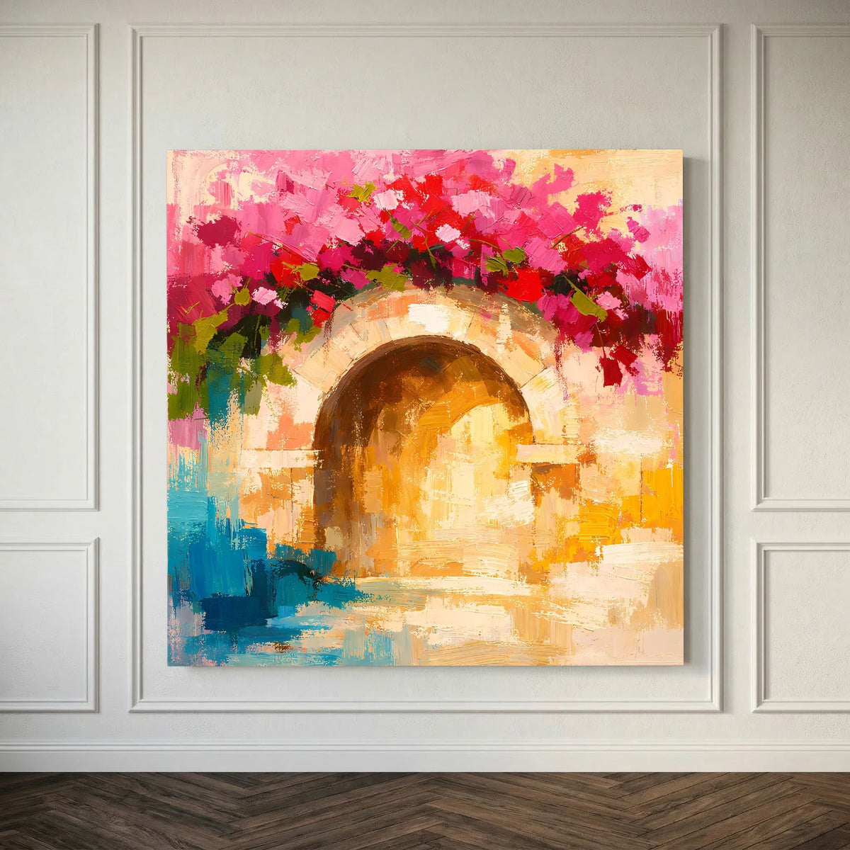 Leinwand-Wandbild Torbogen mit Bougainvillea, kräftige Pink- und Gelbtöne
