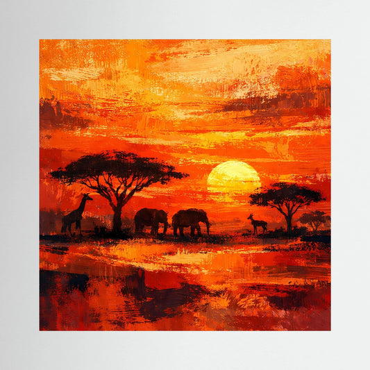 Leinwand-Wandbild mit Afrikanischer Savanne: orange Sonnenuntergang und Tier-Silhouetten mit Elefanten