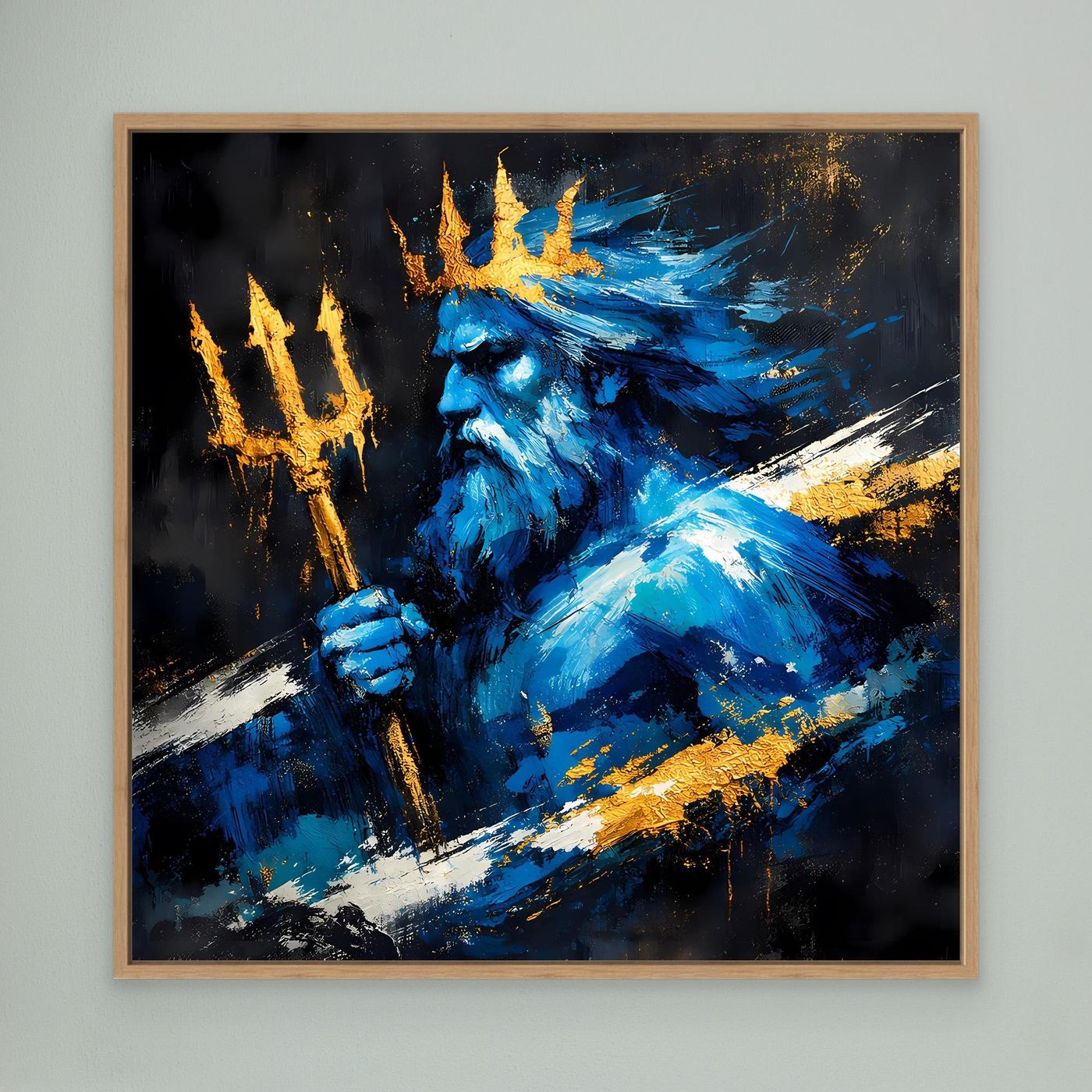 Leinwand Poseidon Gott des Meeres | Abstraktes Mythologie Wandbild Blau Gold