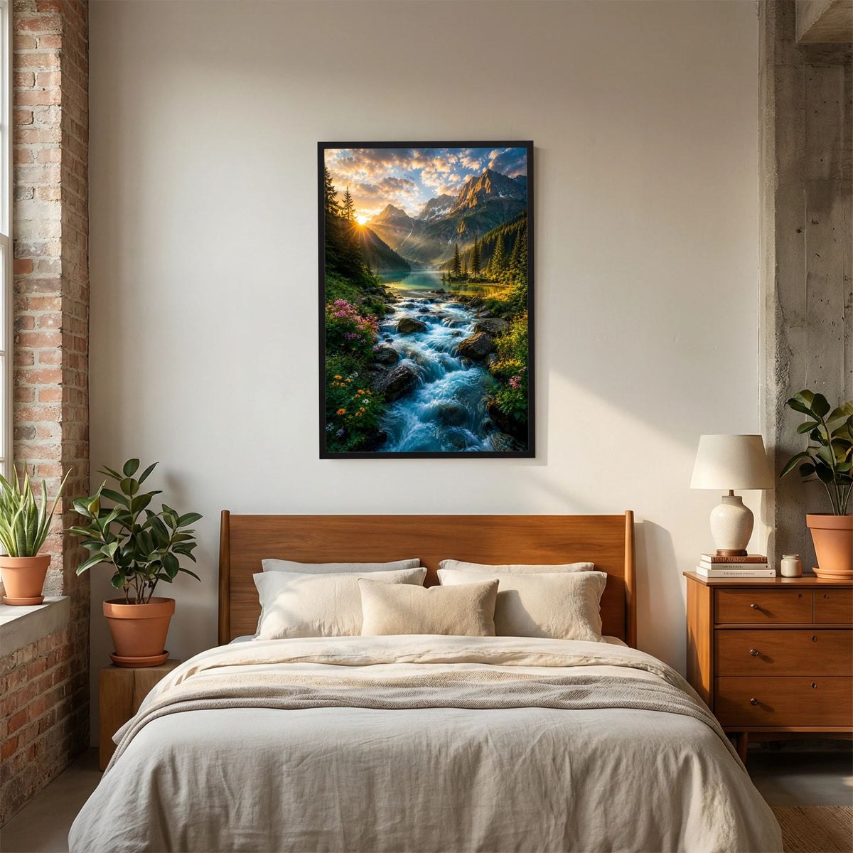 Hochformat-Poster im schwarzen Rahmen mit Gebirgsbach, Tannenwäldern und Sonnenaufgang