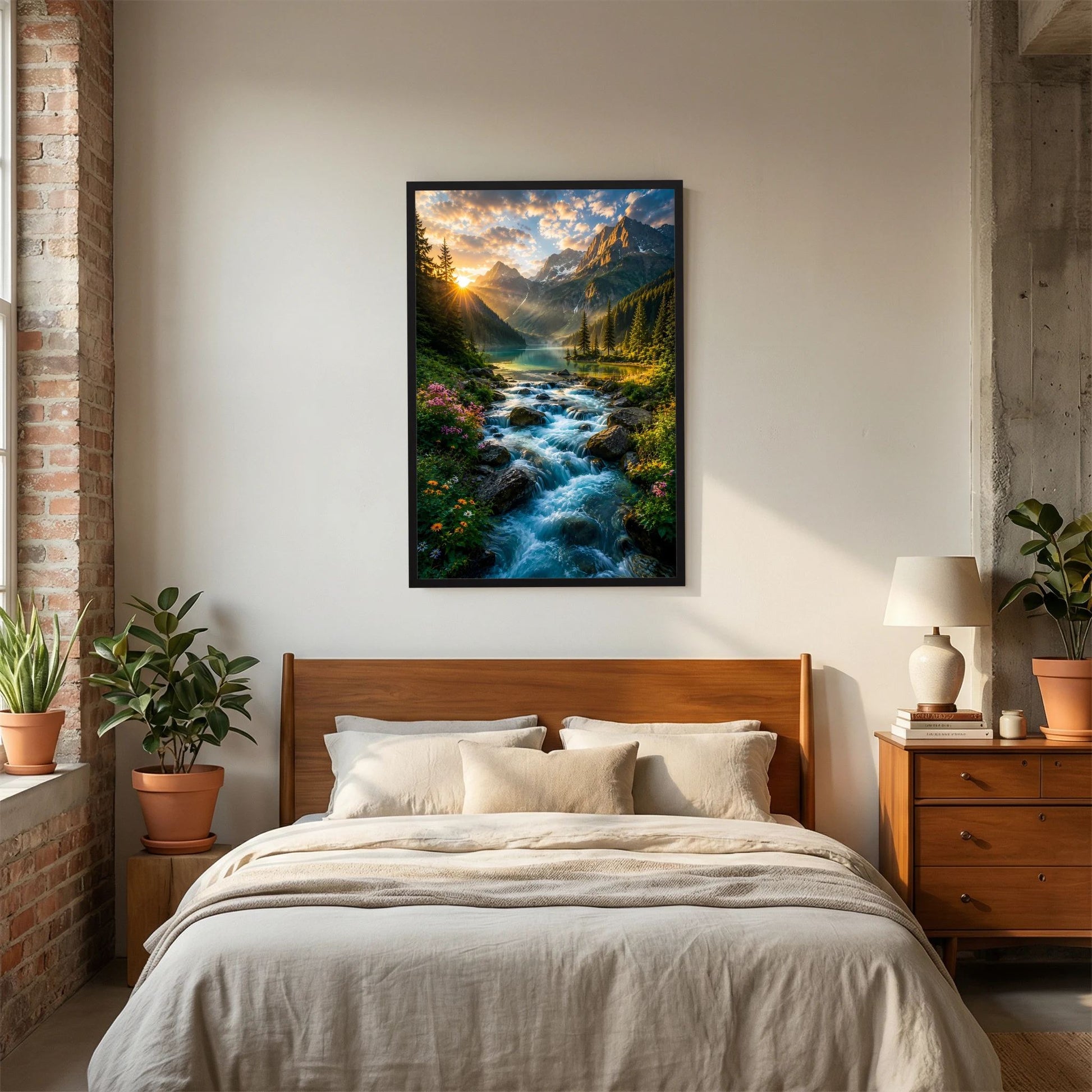 Hochformat-Poster im schwarzen Rahmen mit Gebirgsbach, Tannenwäldern und Sonnenaufgang