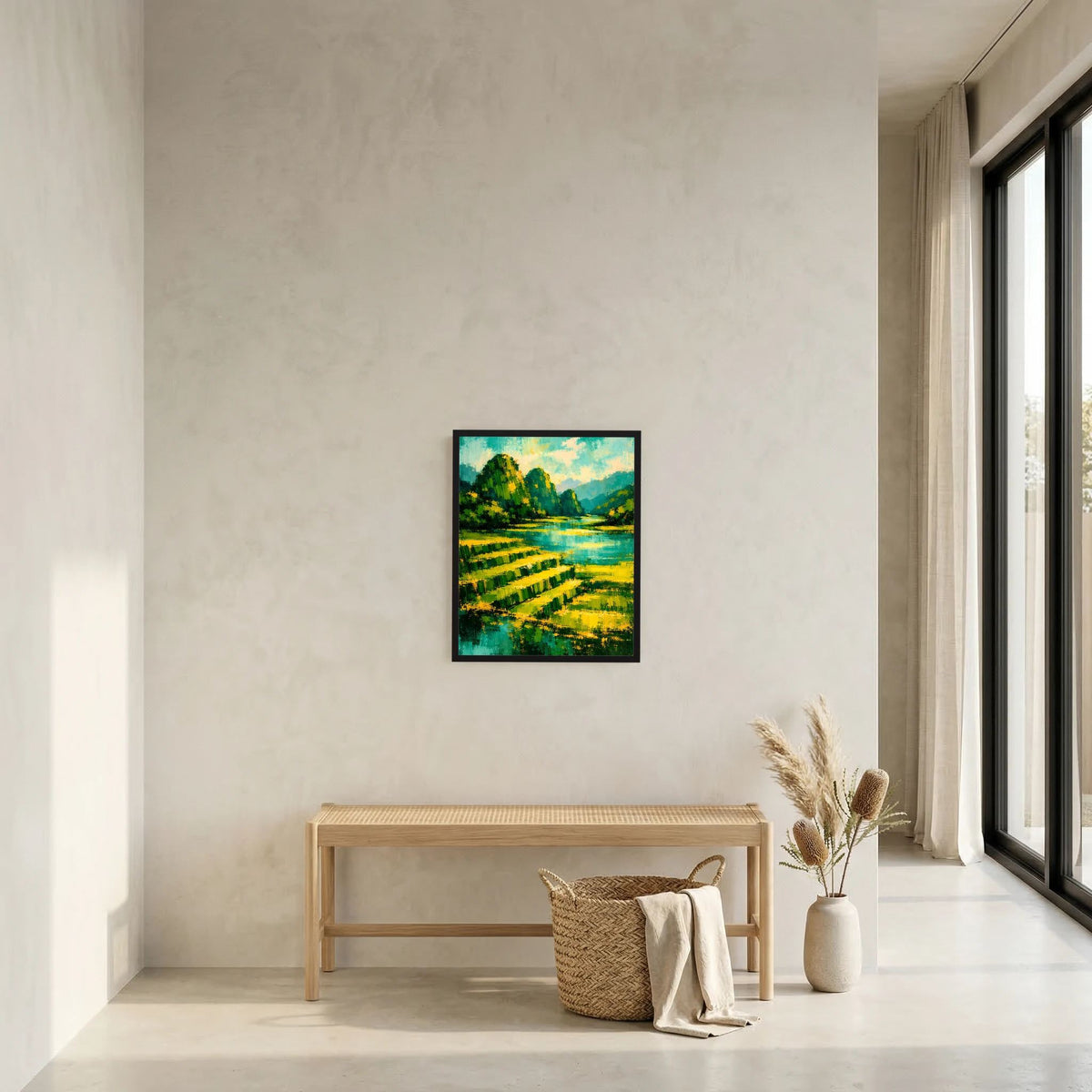 Gerahmtes Hochformat-Poster mit Berglandschaft in Grün/Gelb und blauem Fluss
