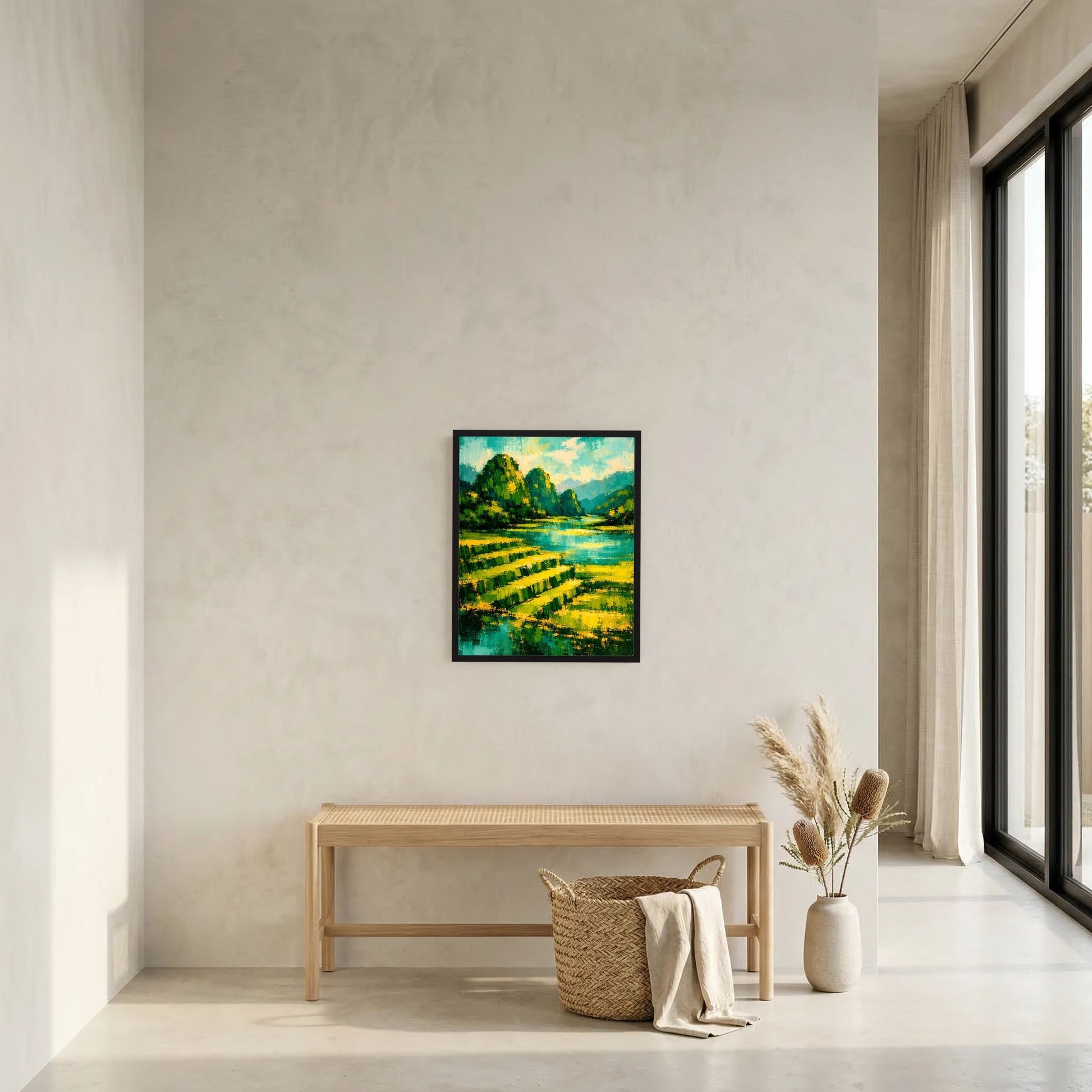 Gerahmtes Hochformat-Poster mit Berglandschaft in Grün/Gelb und blauem Fluss