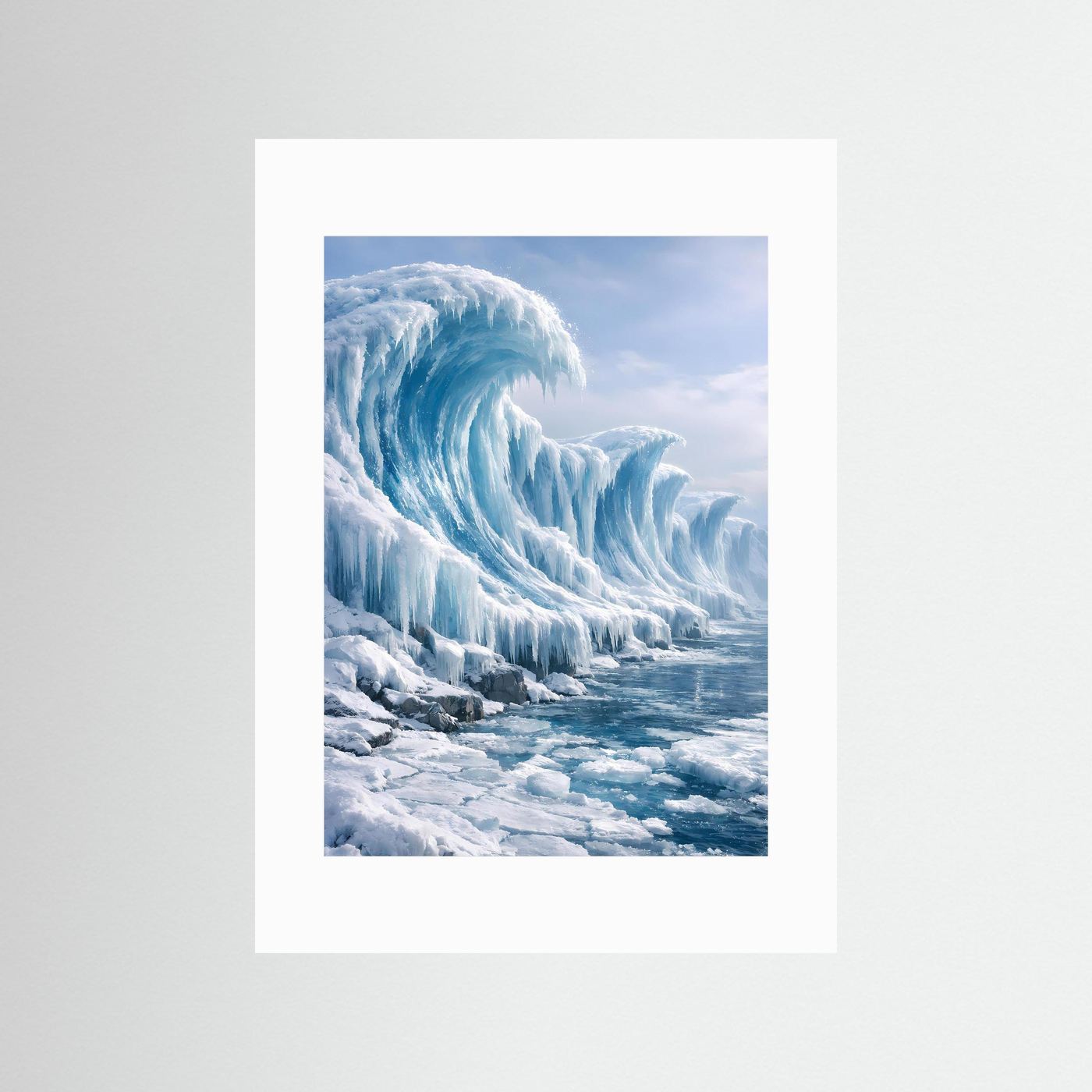 Hochformatiges Eislandschafts-Poster mit weißem Rand, türkisblaues Eis auf Schnee