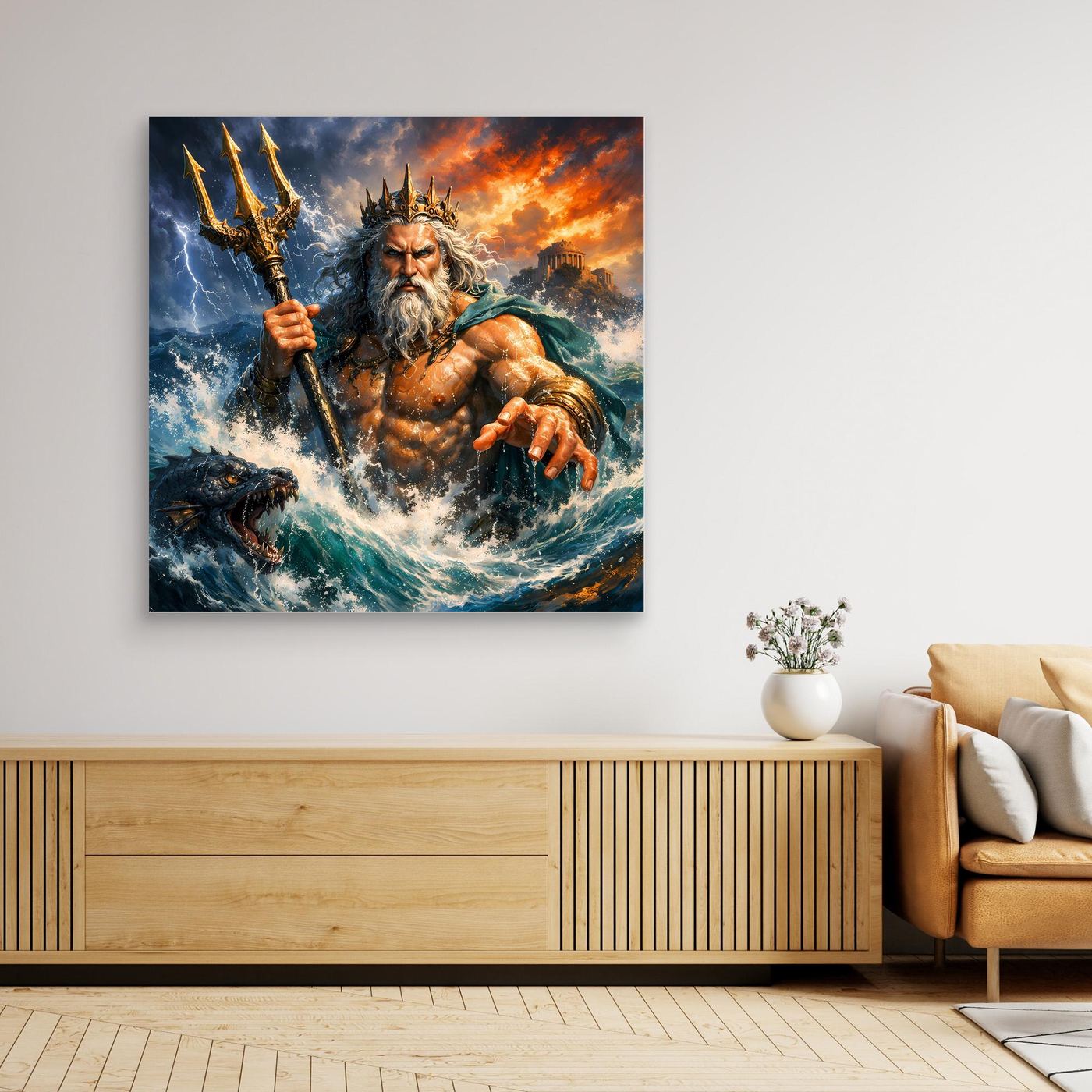Leinwand Monumentaler Poseidon im Wellenrausch | Mythisches Meeresgott Wandbild