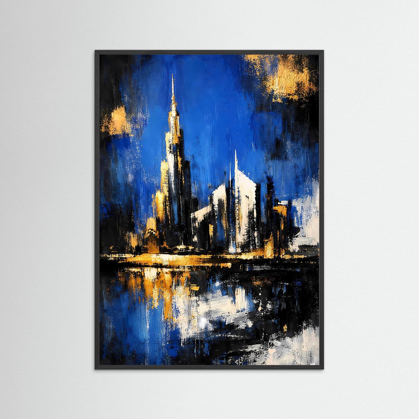 Abstraktes Skyline-Kunstposter mit schwarzem Rahmen, königsblau, nachtschwarz und Gold, hochkant