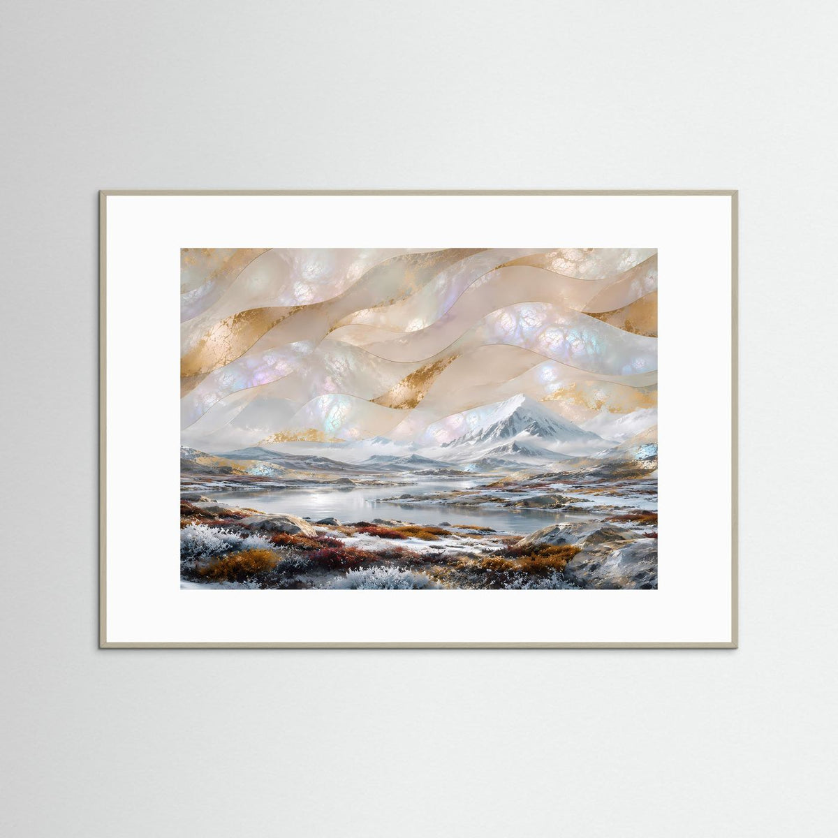 Poster mit abstrakter Winterlandschaft, Berge und See; grauer Rahmen