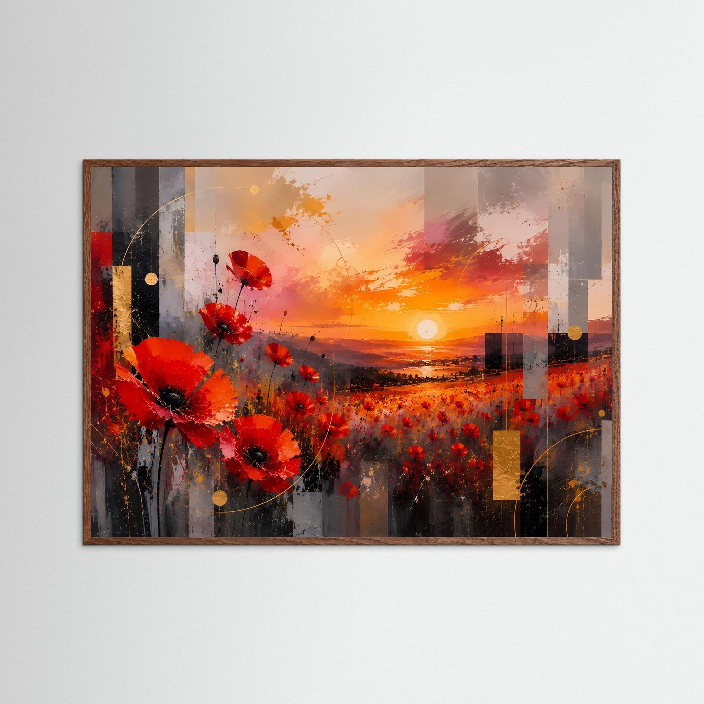 Abstrakter Kunstdruck mit roten Mohnblumen und orangefarbenem Bild im dunkelbraunen Holzrahmen