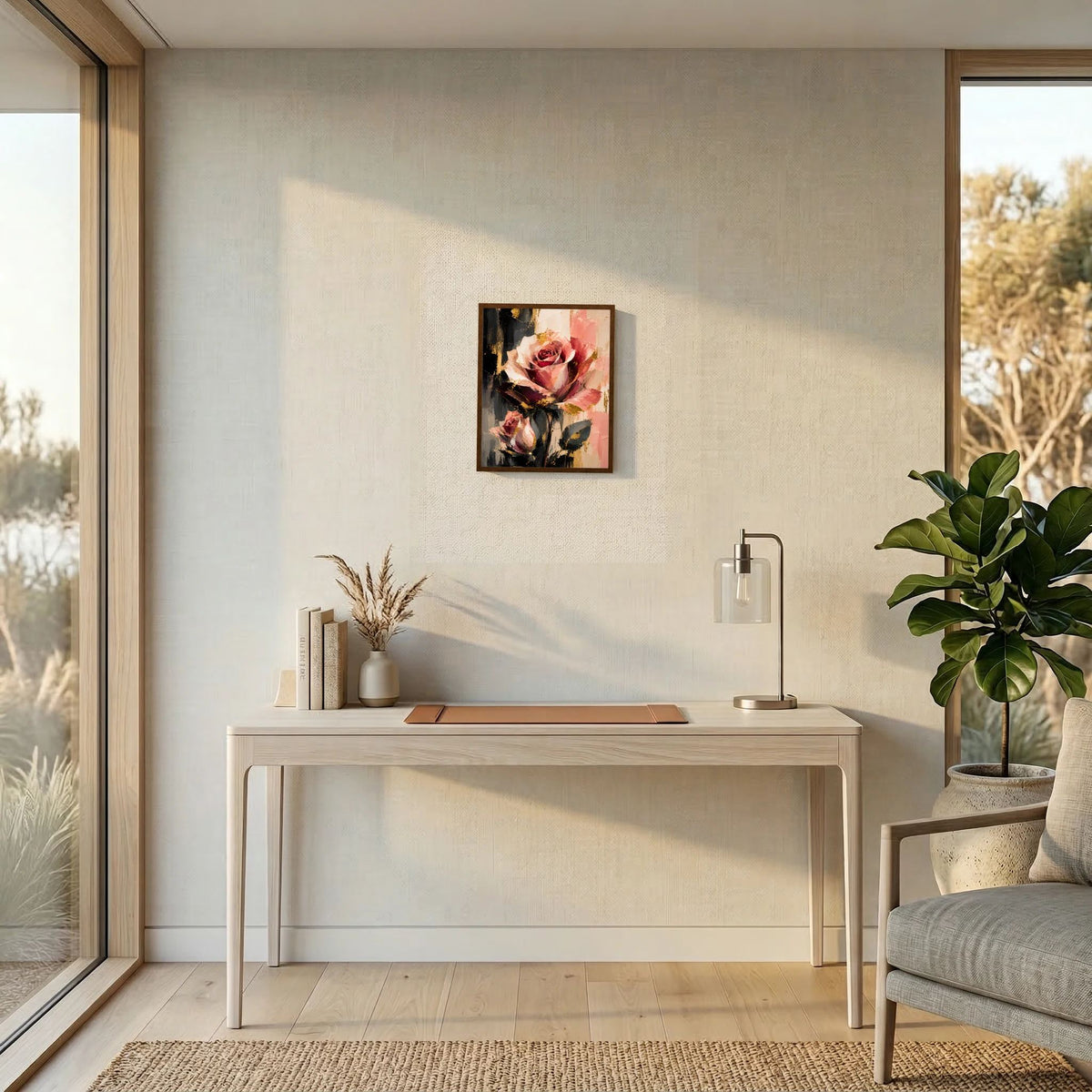 Abstraktes Rosenblumen-Poster mit rosafarbenen Blüten, dunklem Hintergrund und Struktur