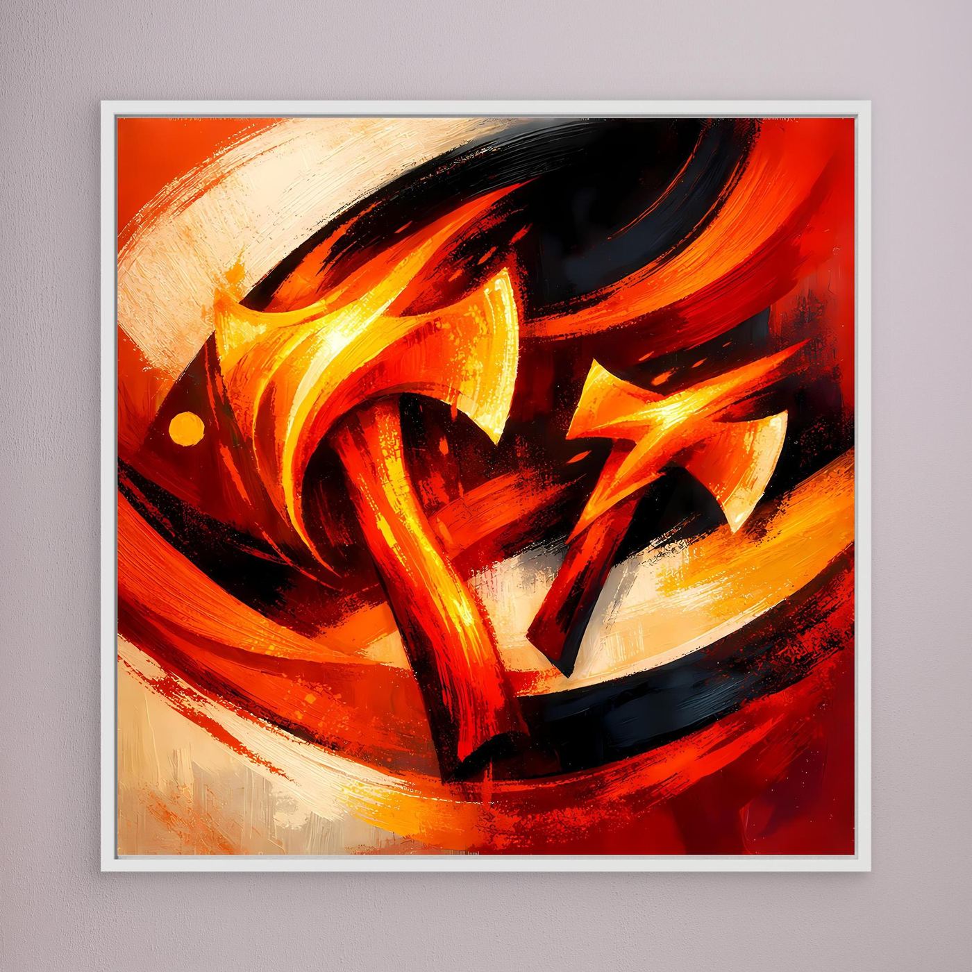Abstraktes Leinwandbild mit Wikinger-Axt, rote und gelbe Flammen, grauer Rahmen.
