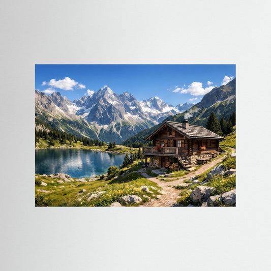 Poster im Querformat mit Berghütte am Alpensee und Bergpanorama, ohne Rahmen