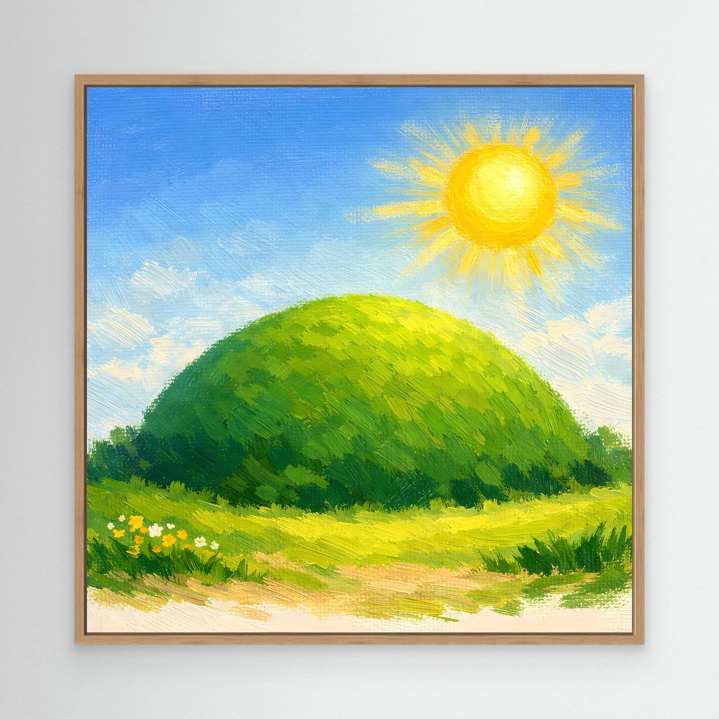 Leinwandbild mit Eichenrahmen: grüner Hügel, gelbe Sonne, Blumenwiese