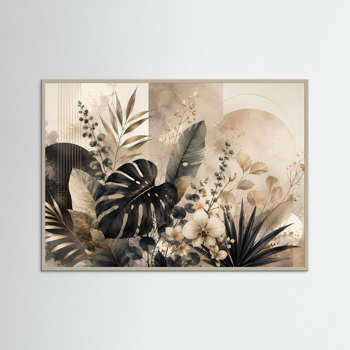 Poster mit abstrakter Botanik im hellem Holzrahmen: Monstera- und Blütenmotive in Beige