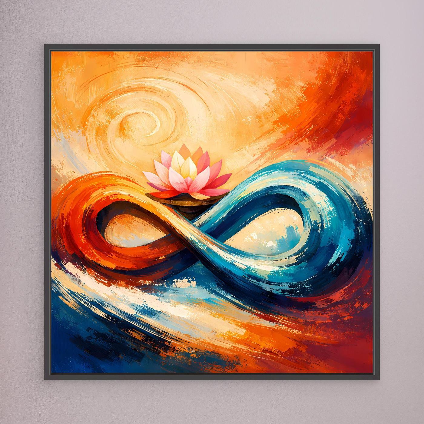 Abstraktes Leinwand-Wandbild mit Lotusblüte und Unendlichkeit in Orange, Blau und Rosa, mit schwarzem Rahmen