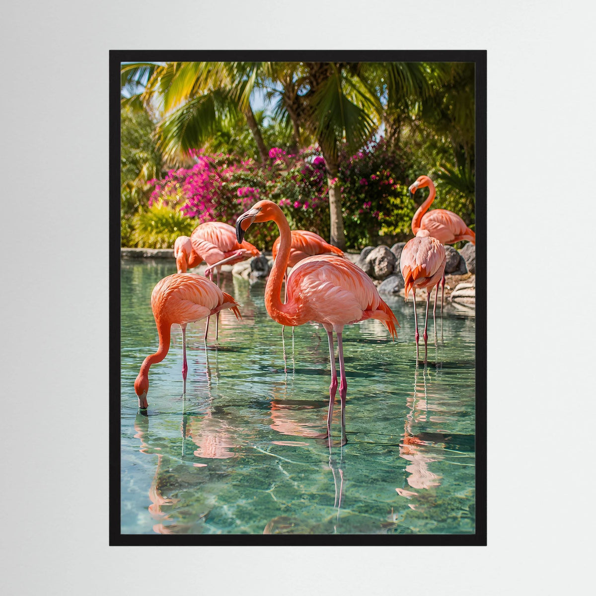 Poster im Hochformat mit rosa Flamingos im tropischen Wasser, im schwarzen Rahmen