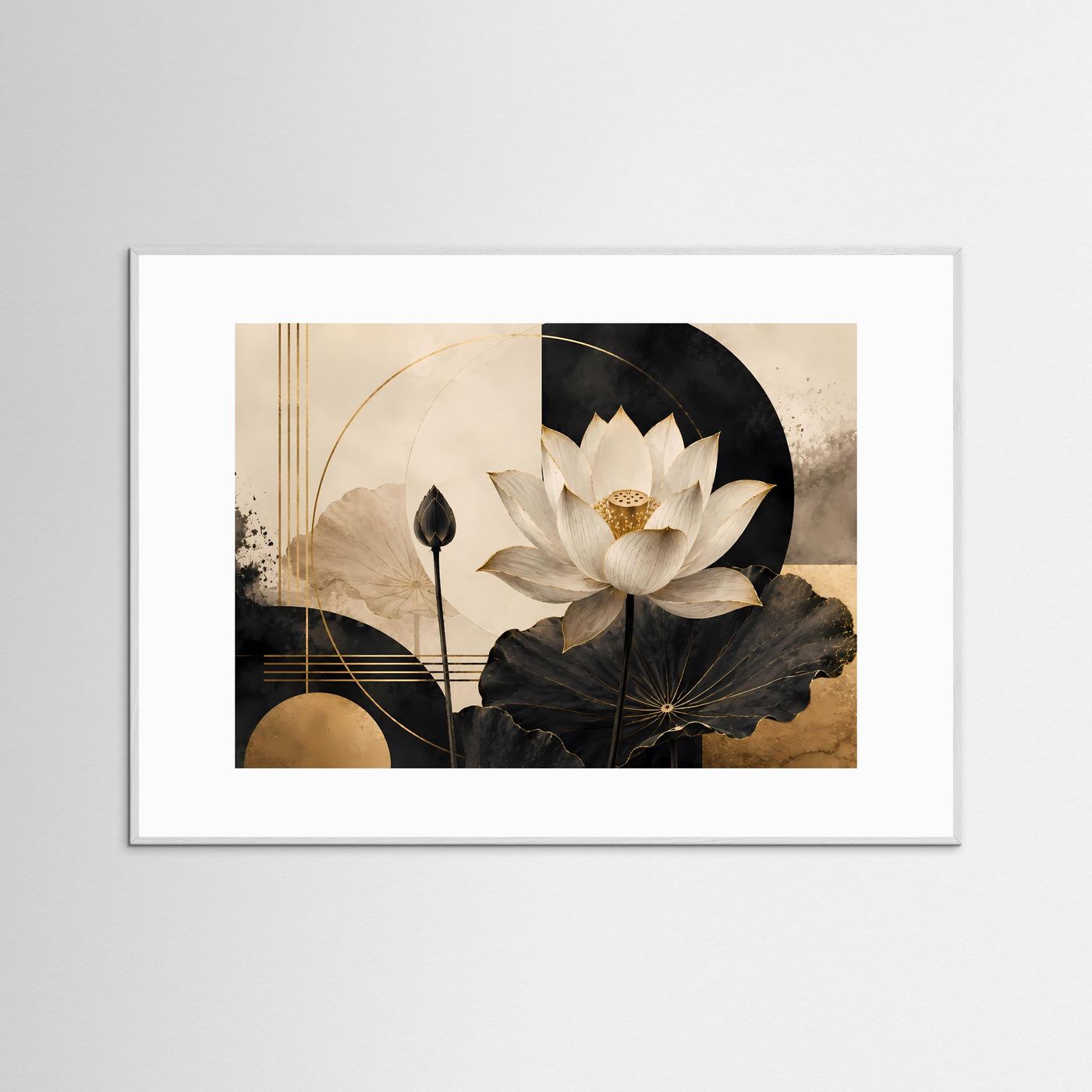 Querformatiges Lotusblüten-Poster mit weißen Blüten und goldenen Details, in Rahmen und Passepartout