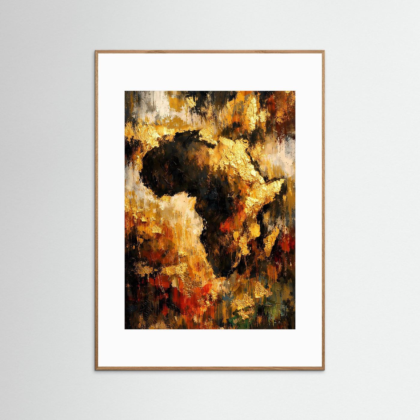 Hochformatiges Afrika-Kunstposter mit braunem Rahmen und abstrakter Kontinentgrafik in warmen Goldtönen