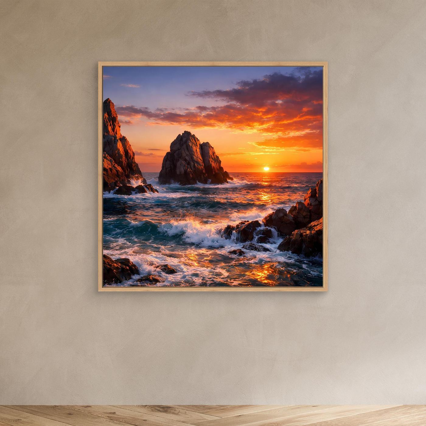 Leinwand-Wandbild im Holzrahmen mit Sonnenuntergang am Meer, Felsklippen und Wellen
