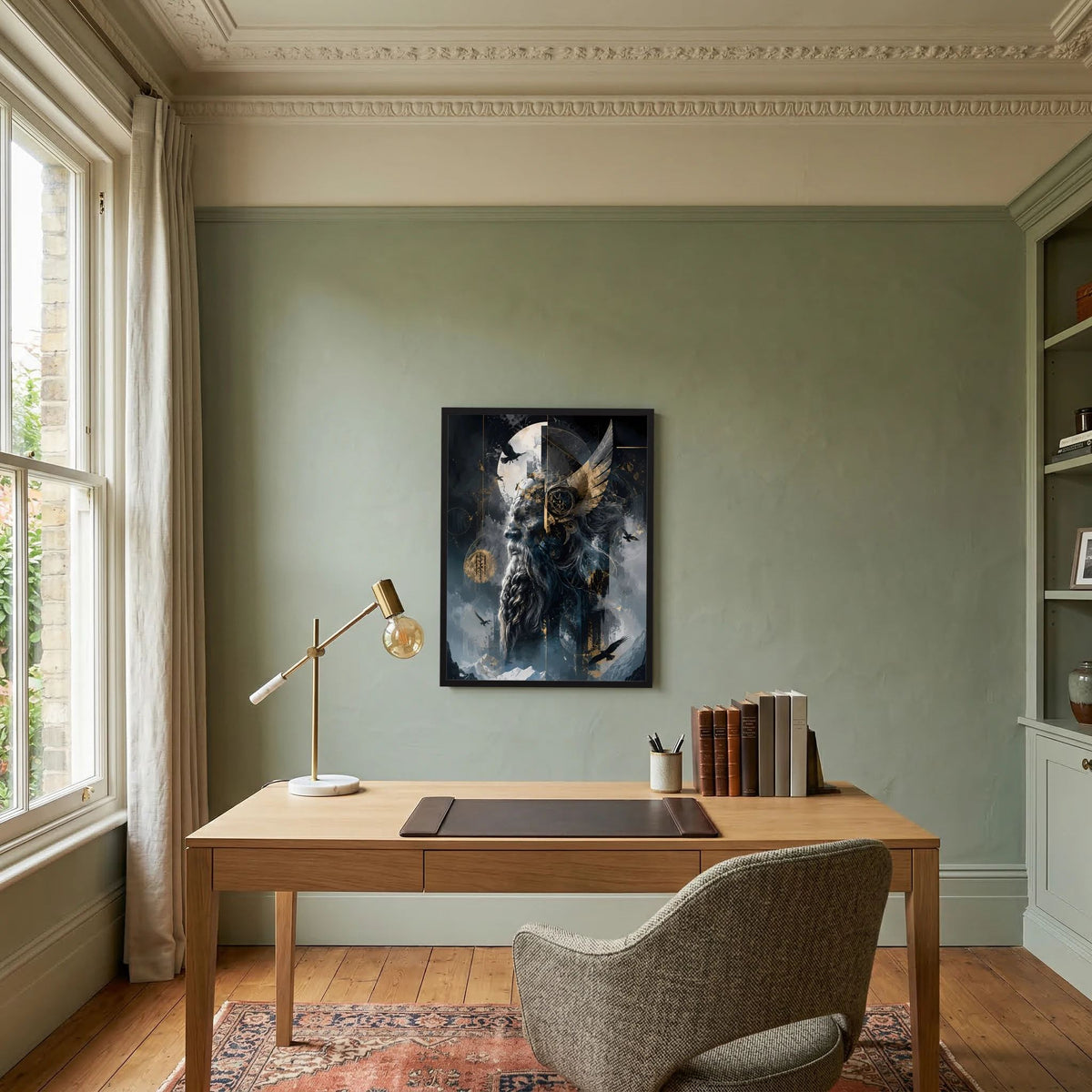 Hochformat-Poster im schwarzen Rahmen: Wolfskopf mit Flügeln, Mondlicht und goldene Münzen