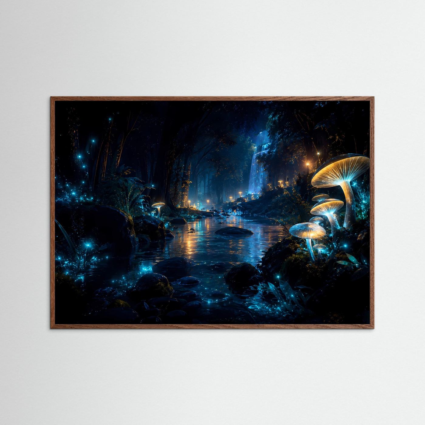 Magischer Nachtwald mit leuchtenden Pilzen | Mystischer Wasserfall in Blau & Gold