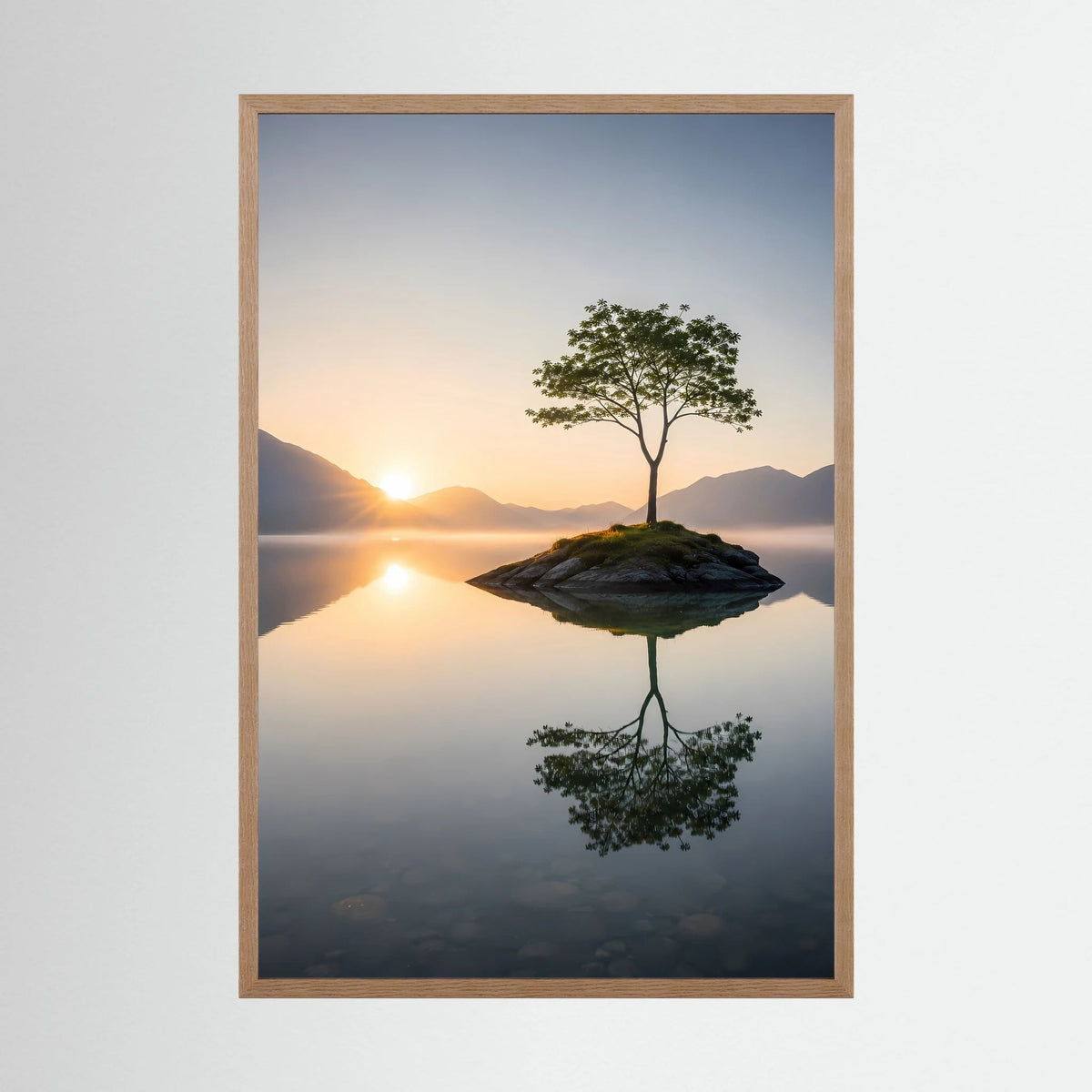 Hochformat-Poster mit einsamem Baum auf kleiner Insel im Sonnenaufgang, Naturholzrahmen.