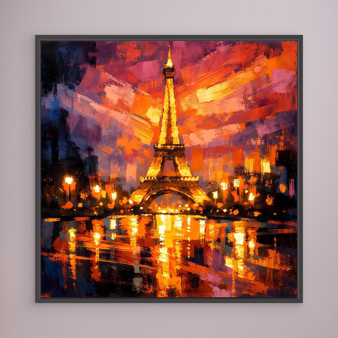 Leinwandbild mit abstraktem Eiffelturm, kräftige Orange- und Blautöne mit Wasserspiegel