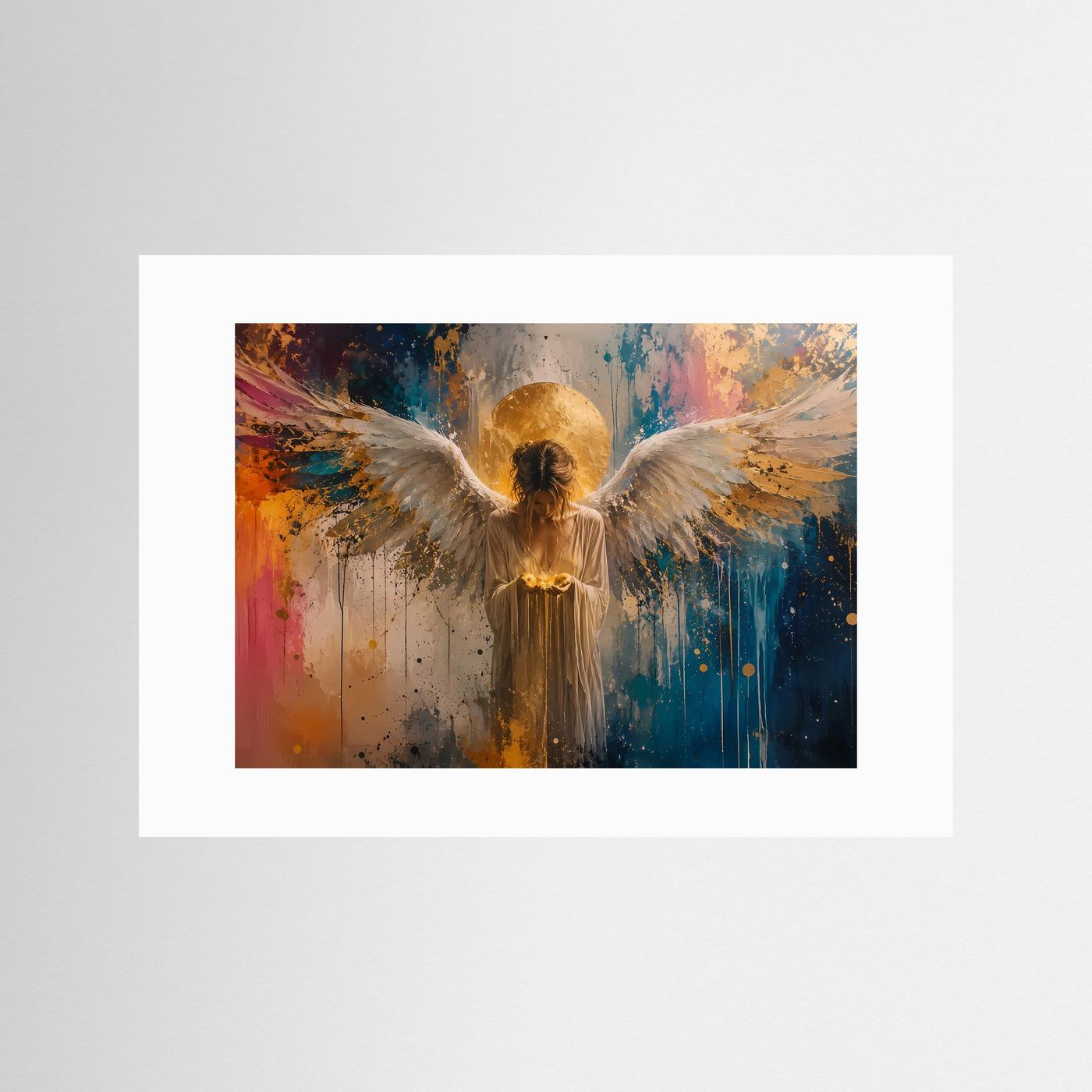 Himmlischer Engel in Gold & Farbe | Modernes Wandbild & Kunstdruck Querformat