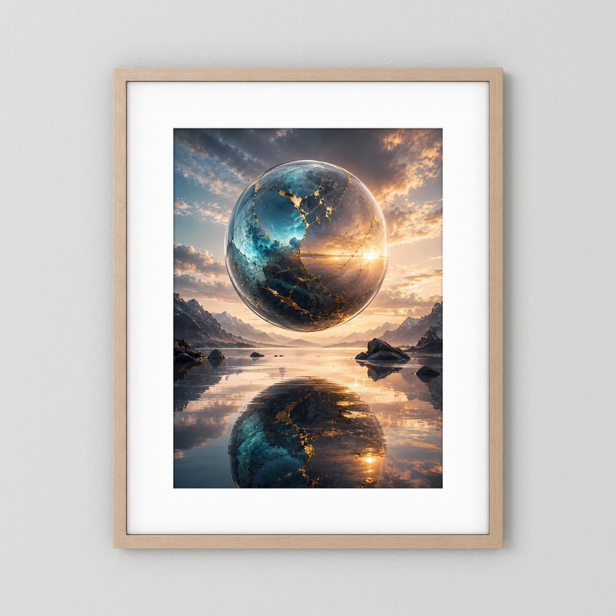 Hochformat-Poster mit schwebender Erdkugel in Blau und Gold, Spiegelung im Wasser, Holzrahmen hell