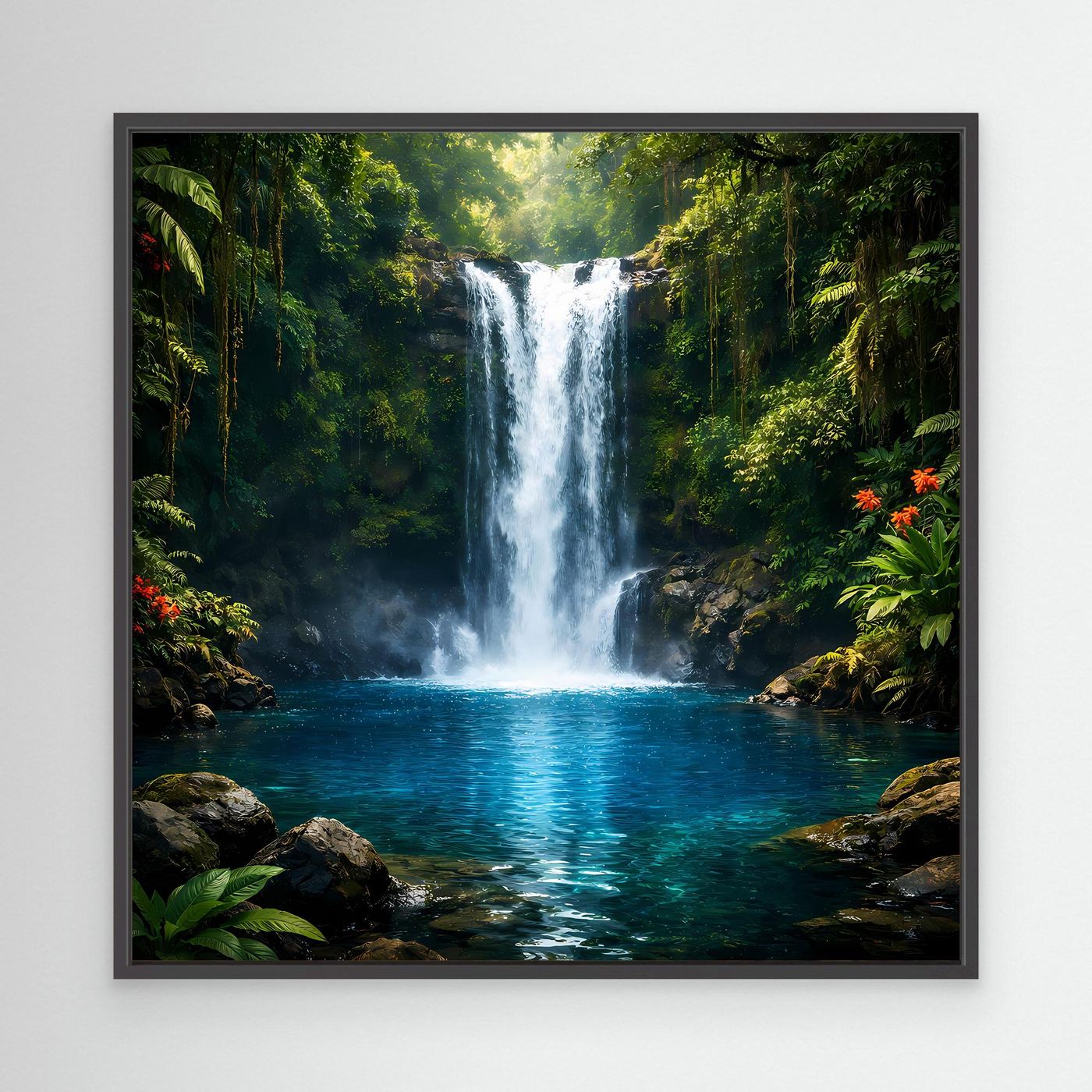 Leinwandbild mit Dschungel-Wasserfall und türkisblauem Wasser, schwarzer Rahmen