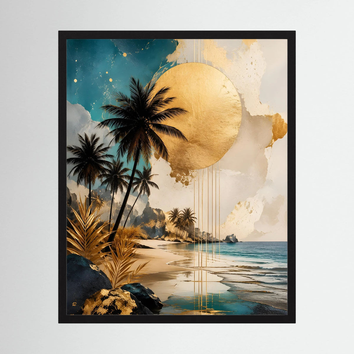 Strand-Poster im Hochformat mit Palmen, goldener Sonne und abstrakter Küstenlandschaft, schwarz gerahmt