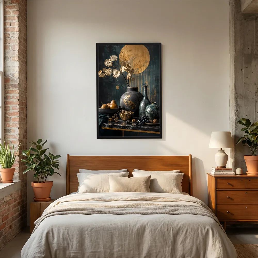 Kunstposter im Hochformat mit Gold- und Petrol-Vasen-Stillleben ohne sichtbaren Rahmen