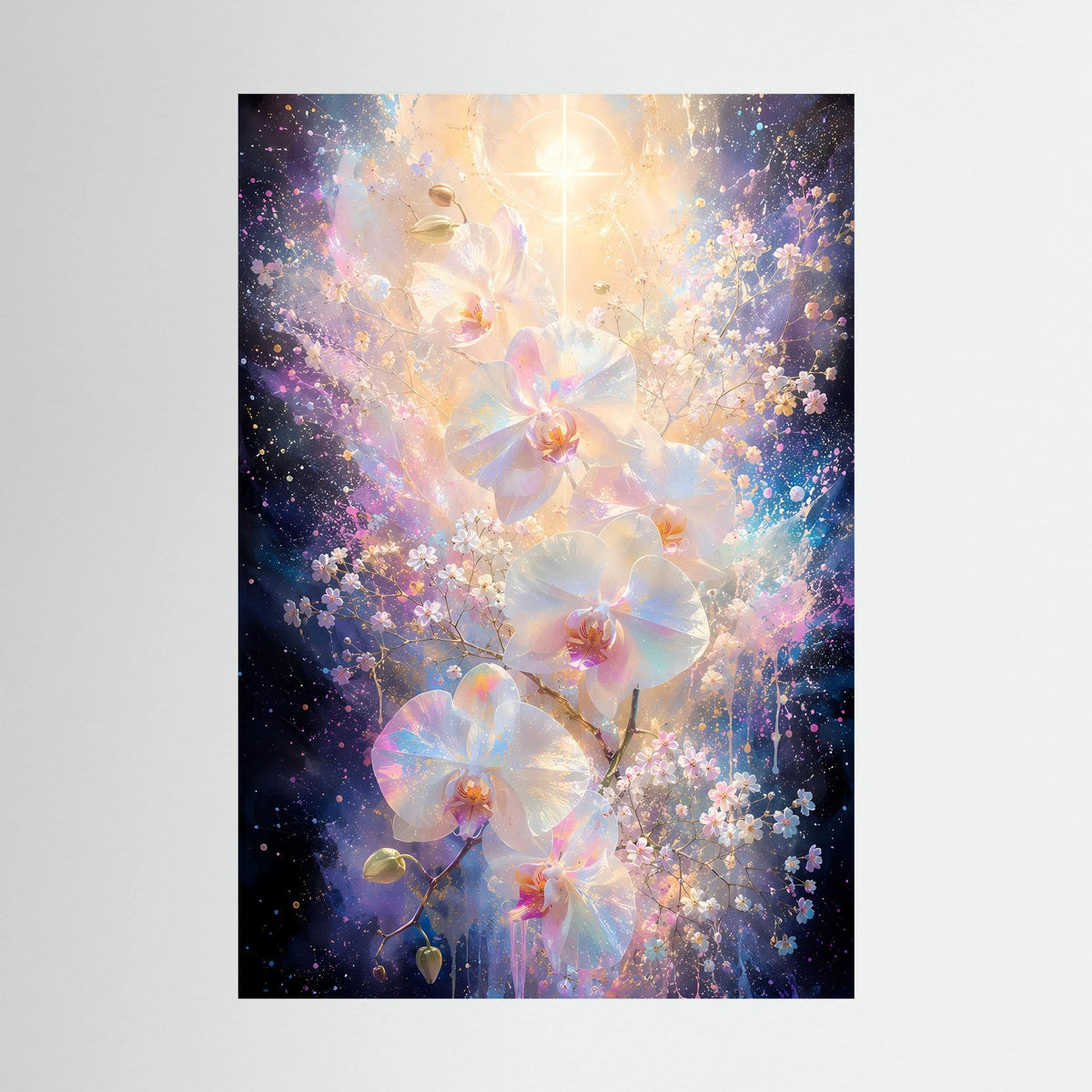 Hochformat-Poster mit leuchtenden Orchideen in Pastellfarben und Goldakzenten