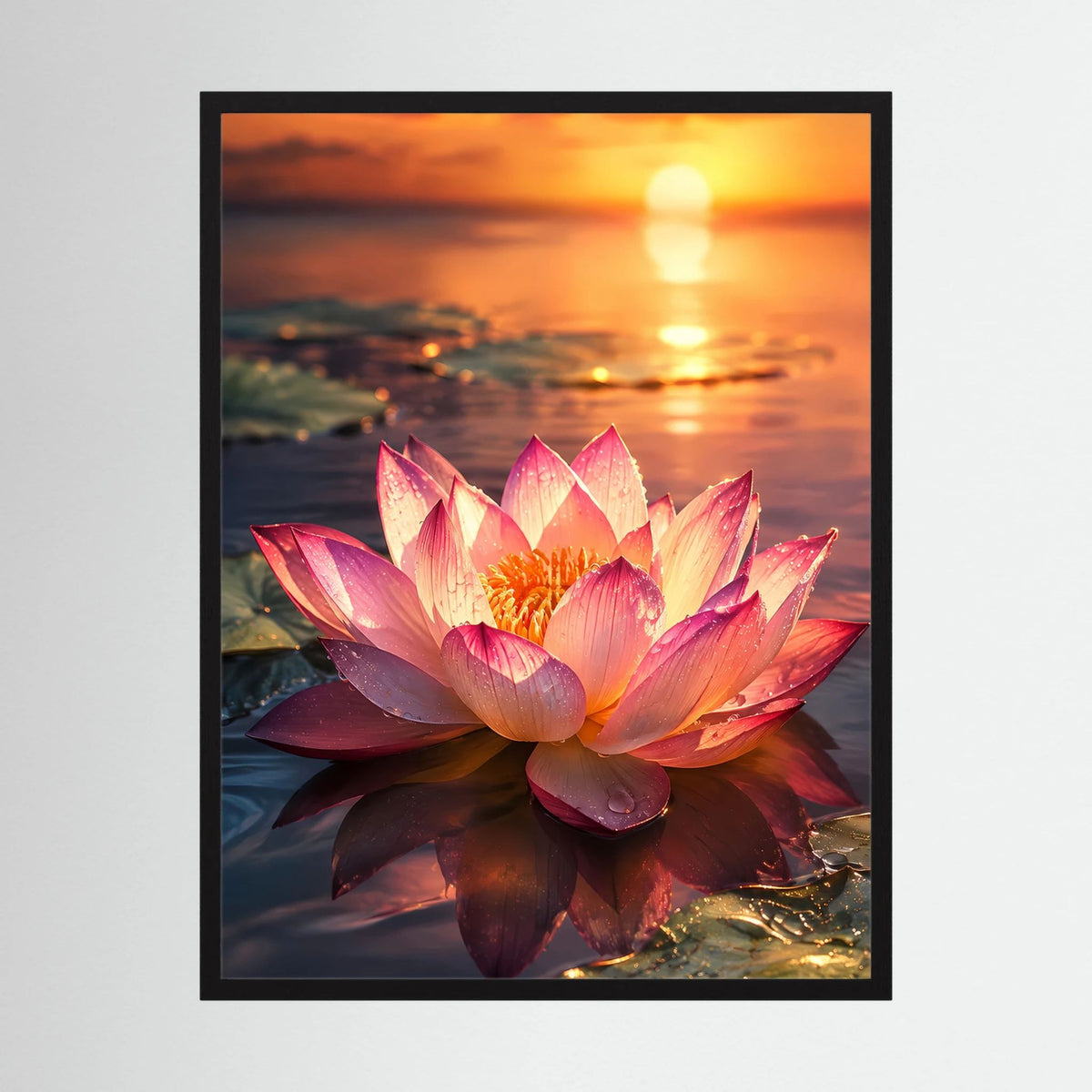 Hochformatiges Poster mit rosafarbener Lotusblüte im Sonnenuntergang, schwarzer Rahmen