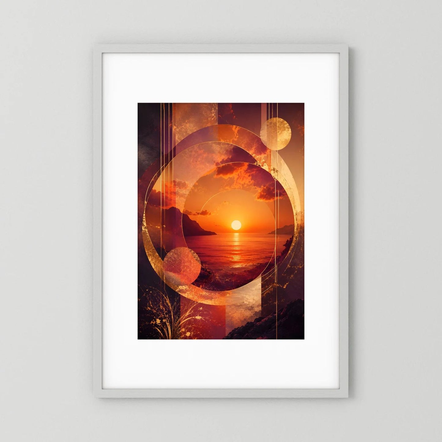 Vertikales abstraktes Sonnenuntergang-Poster in Gold/Orange mit Küstenmotiv, weiß gerahmt