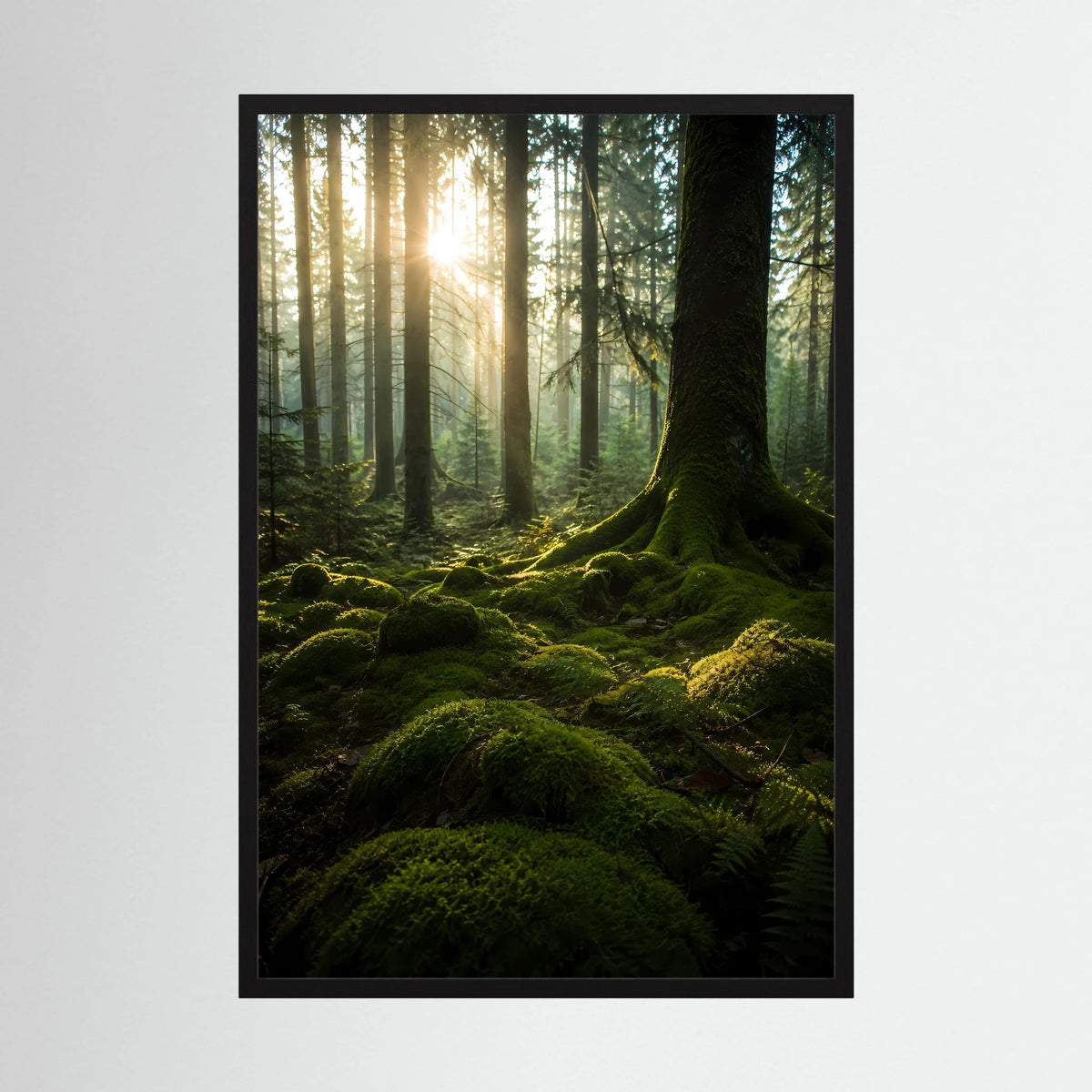 Hochformat-Poster im schwarzen Rahmen: grüner Wald mit Baumstamm und Sonnenstrahlen