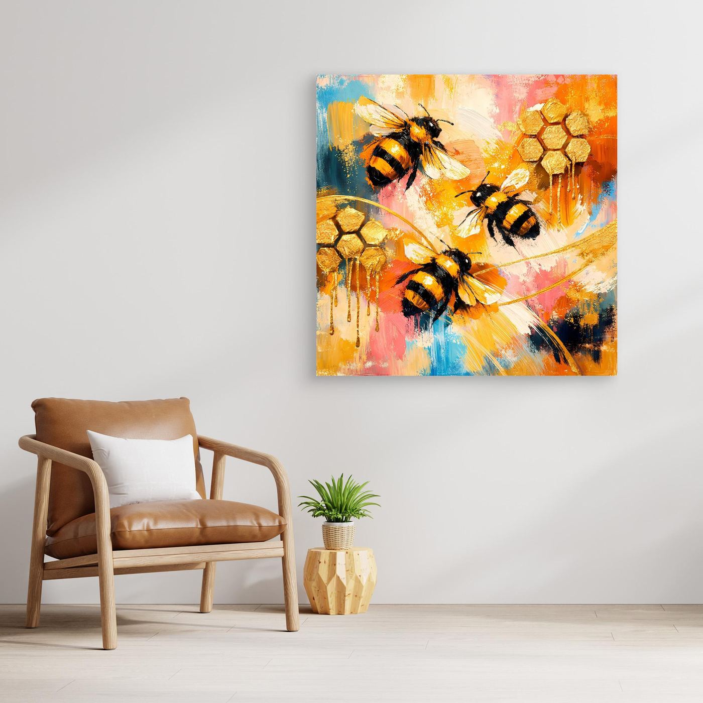 Leinwandbild mit abstrakten Bienen und goldenen Wabenmotiven in Orange, Gelb und Blau