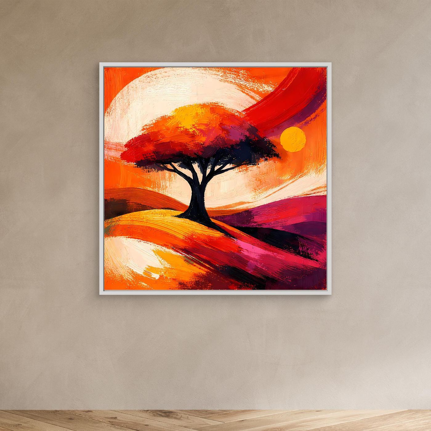 Leinwandbild mit abstraktem Baum in Orange/Rot, gelber Kreis, schmaler Silberrahmen