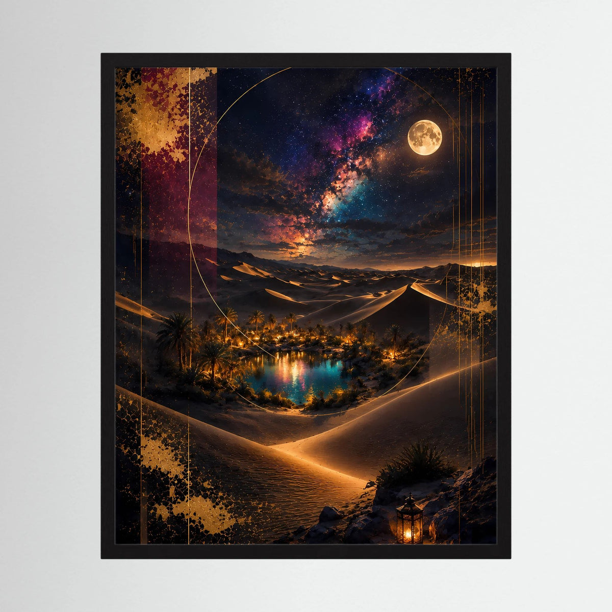 Hochformatposter mit warm beleuchtetem Wasserbecken in der Wüste, Vollmond am Sternenhimmel