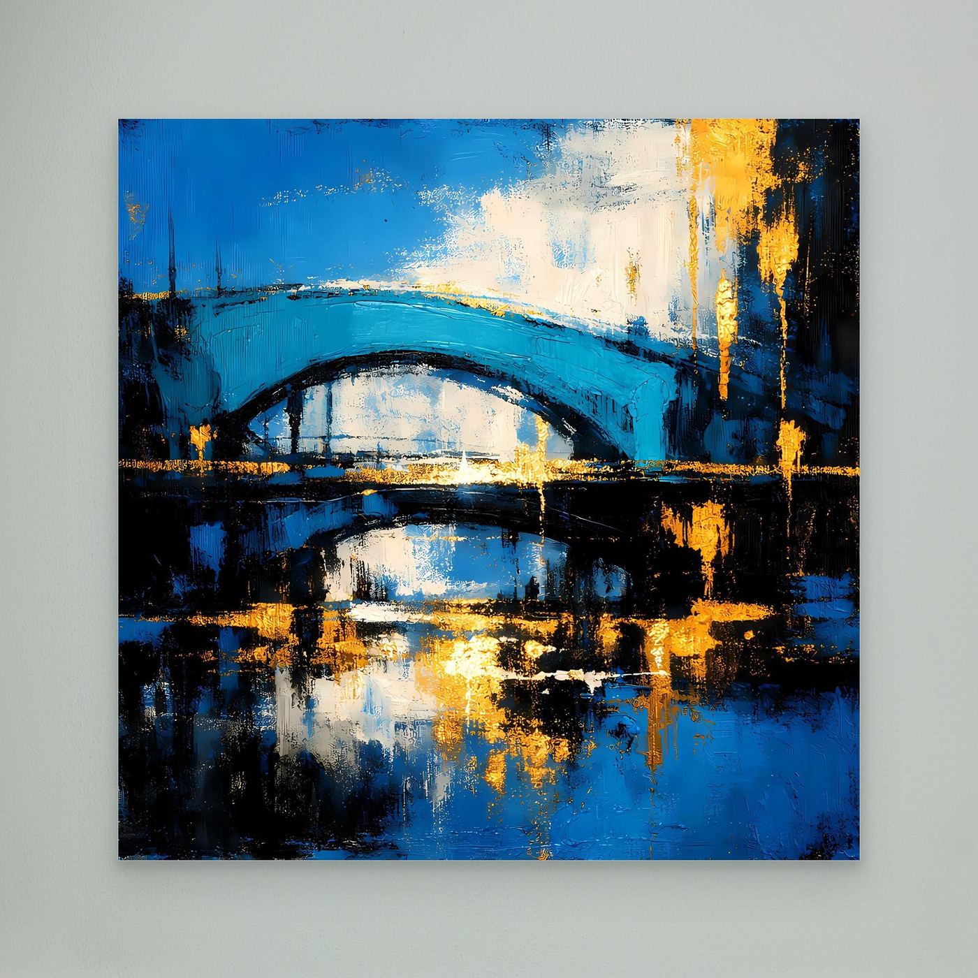 Abstraktes Leinwand-Wandbild mit blauer Brücke, dunklem Wasser und goldenen Lichtern
