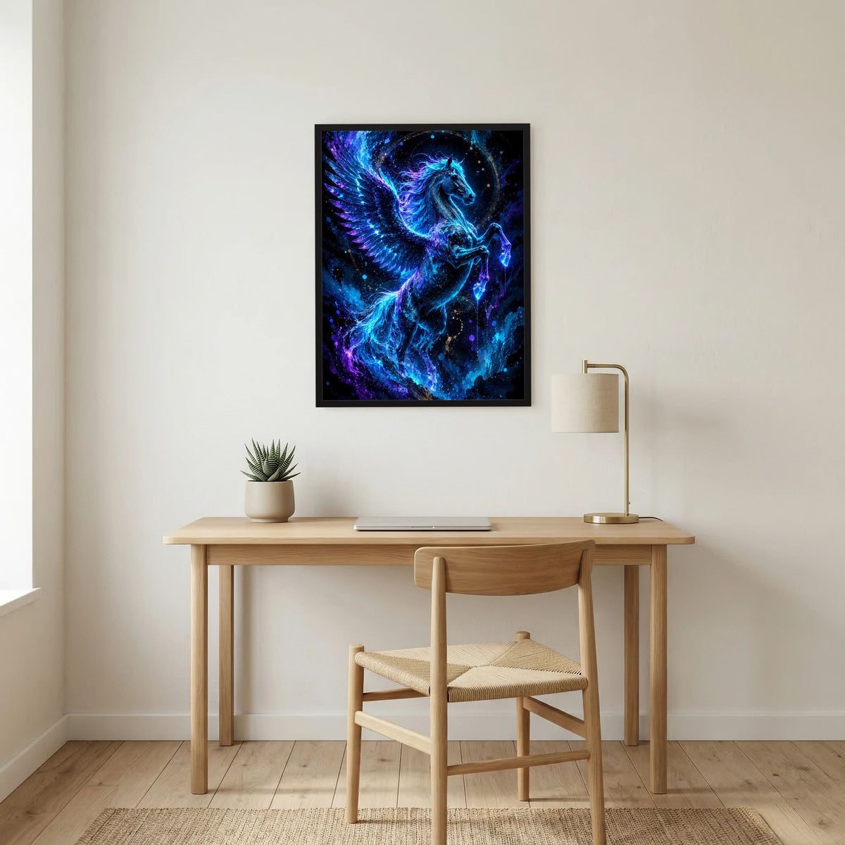 Quadratisches Poster mit Pegasus-Motiv in Neonblau, schwarzer Rahmen